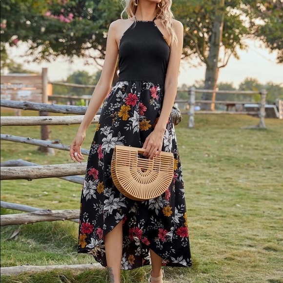 Floral Print Tulip Hem Tie Back Halter Dress - Picture 2 of 8